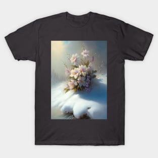 Painting of spring blossoms in white snow backdrop T-Shirt